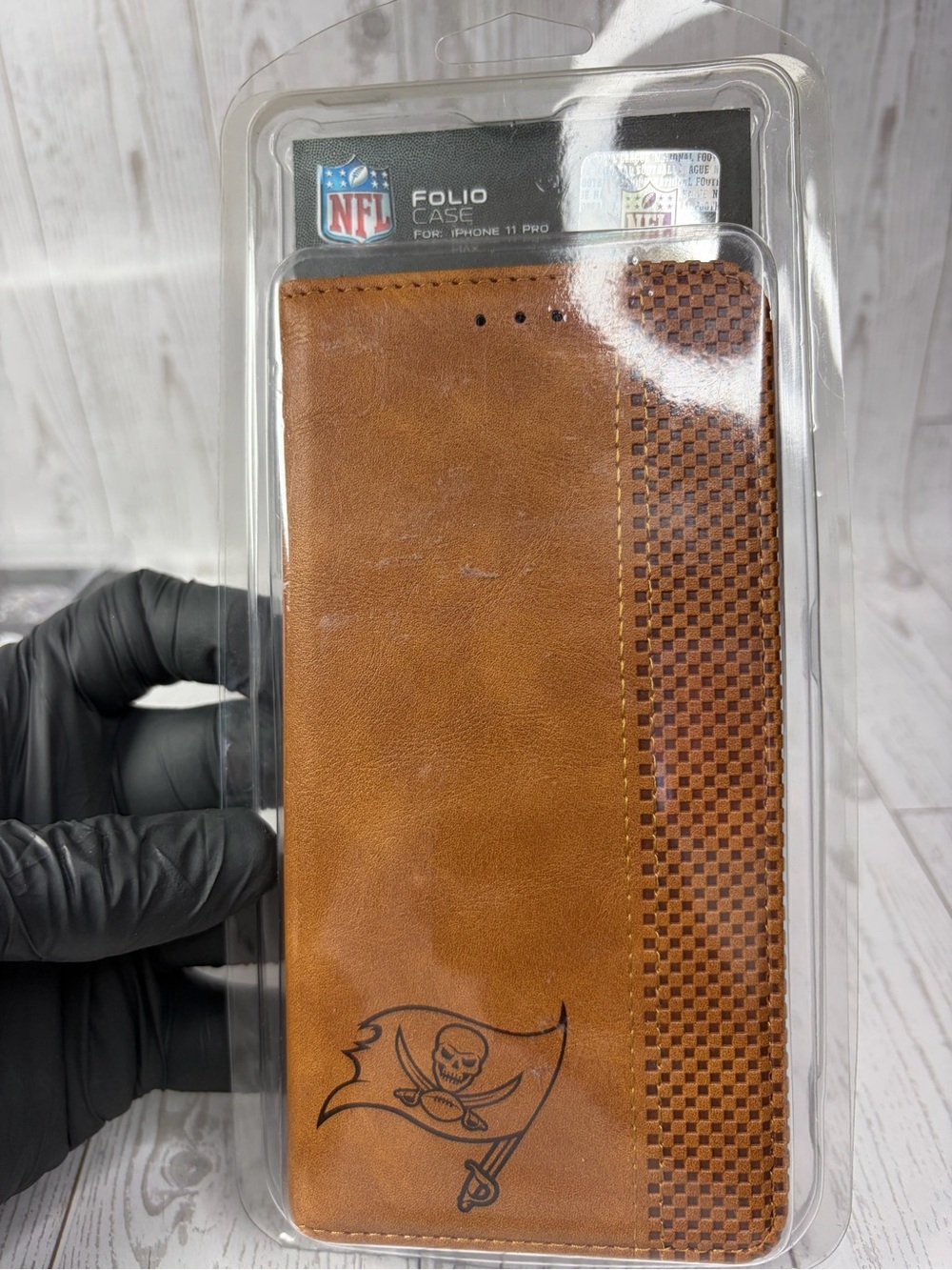 iPhone 11 Pro MAX NFL Brown Folio Phone Case with Tampa Bay Buccaneers Emblem